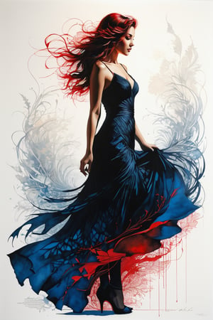 Poster, close-up, Full body, Shadow art, red outline drawing on a dark black background, Red outline silhouette, flowing hair, silhouette of a beautiful young woman, perfect physique, slender graceful forms, charming modesty, perfection in a tight black silk dress, resolution 8k, Side view, Shadows, Mysterious, style of Jean Baptiste Monge, Thomas Kinkade, David Palumbo, Carne Griffiths, layered papercut, fading backlit background, (deep sea fading white to deep blue/red), by Minjae Lee, Carne Griffiths, Emily Kell, Steve McCurry, Geoffroy Thoorens, Aaron Horkey, Jordan Grimmer, Greg Rutkowski, amazing depth, double exposure, surreal, geometric patterns, intricately detailed, bokeh, perfect balanced, deep fine borders, artistic photorealism, smooth, (sharp focus:1.2), super wide angle, high angle, high color contrast, medium shot, depth of field, blurry background,impressionist painting, magic splash, fantasy art, watercolor effect, bokeh, digital painting, soft lighting, retro aesthetic, natural lighting, cinematic, masterpiece, highly detailed, intricate, extreme texture, octane render