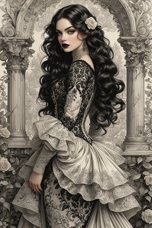 ((extremely perfect detailed art:1.9)), Masterpiece, HD, 16K, A captivating minimalist illustration of a 18-year-old beauty. (gothic beauty, chiffon ivory gown, ivory tulle, black ornate motifs threads, pattern of black lace, sparkling lace, gems, beautiful full black lips, eye drawing, tuxedo eyes, long fluffy lashes, big layered black hair, large curls on long hair), the tights with sparkling lace. ((midjorney style face:1.9)), ((detailed flux type face:1.9)), bohemian, delicate image, hyper-detailing, aesthetic, good soft illuminated, photorealistic line ink art),

score_9, score_8_up, score_7_up, ginger woman, 3/4 body shot, character concept art of a beautiful woman leaning over, falling off her shoulder, comic book art, rough colored sketch, innocent, (depth of field), (fine textures details), (best fashion dynamic standing pose:1.9), (standing maximum away:1.9), (black ink line art), spirals and swirls in rococo style, perfect symmetry, symmetrical, large motifs, ((the only one solo main heroine standing away in all human height)), (standing maximum away in marble castle open balcony:1.9),

 ((gaze directed at viewer, looking_at_camera)), (the only one solo main heroine:1.9), (standing maximum away with all human height:1.9), (best fashion dynamic standing pose:1.9), (standing maximum away:1.9), (black ink line art), spirals and swirls in rococo style, perfect symmetry, symmetrical, large motifs, (standing maximum away in marble castle:1.9), garden roses, lanky