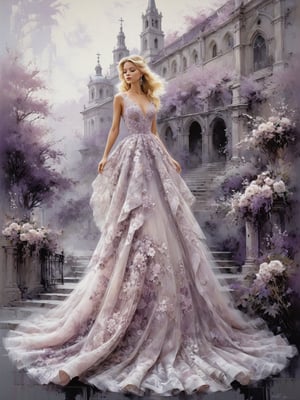 Masterpiece, HD, 16K, A captivating minimalist 
illustration of a  20-year-old blonde beauty. 
(((A painting in shades of mauve, lace gown and elaborate floral wreath, fleeing church, airbrush art by Yoji Shinkawa.)))
Layered tulle gown with sparkling lace, 
Standing away 