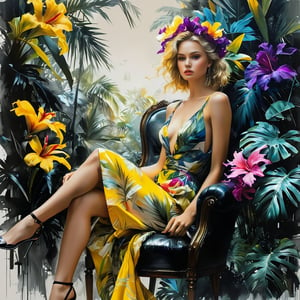 ((extremely perfect detailed)), Masterpiece, HD, 16K, A captivating minimalist illustration of a 20-year-old blonde beauty. ((A painting in colorful multicolor shades, gown and elaborate floral wreath)), (((airbrush art by Yoji Shinkawa:1.9))), ((standing between tropical flora)), ink art,line art illustration, ((the main heroine sittin away in all human height between flowers)), standing away Charcoal drawing, crayons, black pencil art, graphite art, masterpiece, crayons, RTX, 4k, HDR, Anna Razumovskaya, Casey Baugh, Antonio Mora, Aminola Rezai, Giovanni Boldini, art, detailed)),  ((female hidden away behind tropical palm branches)), (yellow sundress), ((the only one solo main heroine sittin away in all human height)), (solo:1.9), , ((the only one solo main heroine sittin away in all human height between tropical leaves)), ((looking_at_camera)), (tropical blue purple fuxia). (perfect fashion dynamic sittin pose). ((beautiful student model sitting on a fancy chair:1.9))