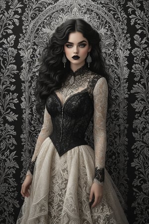 ((extremely perfect detailed)), Masterpiece, HD, 16K, A captivating minimalist illustration of a 18-year-old beauty. (gothic beauty, busty, realistic waist. chiffon ivory gown, ivory tulle, black ornate motifs threads, pattern of black lace, sparkling lace, gems, beautiful full black lips, eye drawing, tuxedo eyes, long fluffy lashes, big layered black hair, large curls on long hair), the tights with sparkling lace ((midjorney style face:1.9)), ((detailed flux type face:1.9)), bohemian, delicate image, hyper-detailing, aesthetic, good soft illuminated, photorealistic line ink art), ((gaze directed at viewer, looking_at_camera)), (the only one solo main heroine:1.9), (standing maximum away with all human height:1.9), (best fashion dynamic standing pose:1.9), (standing maximum away:1.9), ((black ink line art)), ((stand under fresk ornate motifs wall)), bright