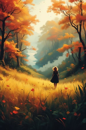 ((extremely perfect detailed art:1.9)), Masterpiece, HD, 16K, a girl walking through a field, yellow fall tree leaf colors, may tree leaves upper background, windy, very tall grass, blowing swirling wind, plowing leaves of grass, all the many leaves and color, in the style of ethereal trees, dark yellow and azure, majestic, sweeping seascapes, sloped terrain, photorealistic representation, graceful balance, well lit foreground, illustration abstract brush white ink dreeps, line art, (Al Rio style art line:1.9), ((modern detailed comics style art line:1.9)). bright colours, illustrated,vibrant painting