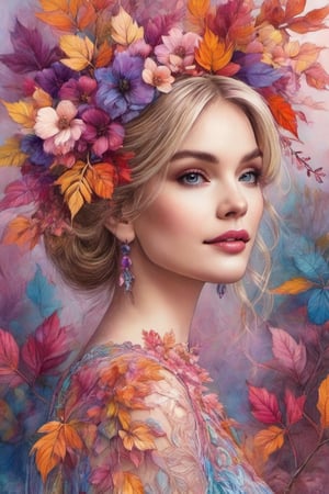 (Extremely detailed ), (every detail in perfect sharp focus), (masterpiece), (stunningly soft light evenly illuminating the entire face and body), ((extremely perfect detailed)), Masterpiece, HD, 16K, A captivating minimalist illustration of a 20-year-old blonde beauty. ((A painting in shades of mauve, lace gown and elaborate floral wreath)), (((airbrush art by Yoji Shinkawa:1.9))) Layered tulle gown with sparkling lace, ((standing between multicoloured ombre autumn rowan leaves branches)), ink art,line art illustration, ((the main heroine standing away in all human height between many rowan leaves)), standing away, Burgundy, (by Greg Manchess and Miles Aldridge), (extremely detailed are colorful linen pastel flamenco lace dress gown), (ombre multicoloured leafs:1.9)), (pattern of ombre multicoloured leafs:1.9))