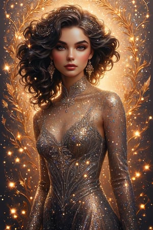 ((extremely detailed:1.9)), ((extremaly right female body proportions:1.9)). Masterpiece, HD, 16K, A captivating minimalist illustration of a 18-year-old beauty, luminous evening dress design, pastel colours, ink drips multicolor background, autumn lights, looking over shoulder pose, shiny, glitter. half turn body, looking over shoulder pose. (((extremely detailed:1.9)), ((extremely right perfect female upper body proportion:1.9)). Masterpiece, HD, 16K, A captivating minimalist illustration of a 18-year-old beauty. (gothic beauty, push up busty, black and gold, beads chiffon gown, ornate motifs beads threads, pattern of beads lace, beads sparkling lace, gems, beautiful full black lips, eye drawing, tuxedo eyes, long fluffy lashes, big layered black hair, large curls on long hair), beads wreath in hair, beads threads on hair, the tights with sparkling lace, ((midjorney style face:1.9)), ((detailed flux type face:1.9)), bohemian, delicate image, hyper-detailing, aesthetic, good soft illuminated, photorealistic line ink art, (crystals, gems, gold dust bokeh), ((gaze directed at viewer, looking_at_camera)), (the only one solo main heroine:1.9), (standing maximum away with all human height:1.9), (best fashion dynamic standing pose:1.9), (standing maximum away:1.9), ((black ink line art)), ((stand under fresk ornate motifs wall)), bright. ((black gold background)), (gold frame of art nouveau), (art nouveau background), (sensetive, tender, goddess, artistic pose, elegant dynamic standing pose), ((away upper body)), ((photorealistic detailed face)), shiny, glitter. half turn body, looking over shoulder pose.