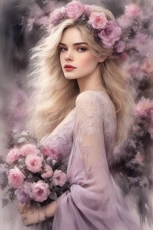 ((extremely perfect detailed)), Masterpiece, HD, 16K, A captivating minimalist illustration of a 20-year-old blonde beauty. ((A painting in shades of mauve, lace gown and elaborate floral wreath)), (((airbrush art by Yoji Shinkawa:1.9))) Layered tulle gown with sparkling lace, ((standing between Syringa vulgaris lilac astilbe bloom)), ink art,line art illustration, ((the main heroine standing away in all human height between flowers)), standing away Charcoal drawing, crayons, black pencil drawing, pencil drawing, black and white drawing, graphite drawing, masterpiece, crayons, pencils, mj, RTX, 4k, HDR, Anna Razumovskaya, Casey Baugh, Antonio Mora, Aminola Rezai, Giovanni Boldini, art, detailed)),