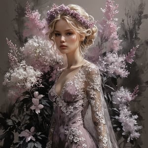 ((extremely perfect detailed)), Masterpiece, HD, 16K, A captivating minimalist illustration of a 20-year-old blonde beauty. ((A painting in shades of mauve, lace gown and elaborate floral wreath)), (((airbrush art by Yoji Shinkawa:1.9))) Layered tulle gown with sparkling lace, ((standing between Syringa vulgaris lilac astilbe bloom)), ink art,line art illustration, ((the main heroine standing away in all human height between flowers)), standing away Charcoal drawing, crayons, black pencil drawing, pencil drawing, black and white drawing, graphite drawing, masterpiece, crayons, pencils, mj, RTX, 4k, HDR, Anna Razumovskaya, Casey Baugh, Antonio Mora, Aminola Rezai, Giovanni Boldini, art, detailed)), ((solo:1.9)),  looking_at_camera 