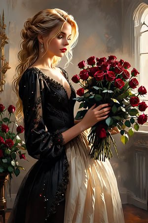 (Extremely detailed ), (every detail in perfect sharp focus), (masterpiece), (stunningly soft light evenly illuminating the entire face and body), ((extremely perfect detailed)), Masterpiece, HD, 16K, A captivating minimalist illustration of a 20-year-old blonde beauty, (standing away), ((holding in hands huge burgundy roses bouquet:1.9)), WEARING HAUTE_COUTURE DESIGNER DRESS,oil paint 