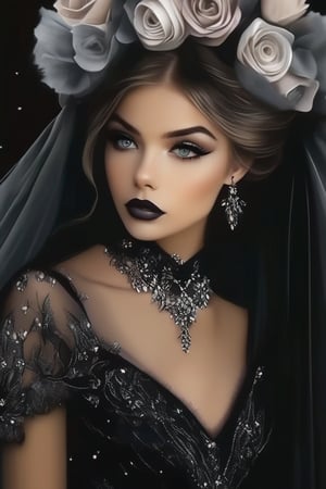 Gothic. Woman, young beautiful, fine black lace dress, silver filigree, chiffon, tulle, silver threads, beautiful full black lips, eye drawing, tuxedo eyes, long fluffy lashes, watercolor, flowers, photorealism, bohemian, delicate image, line drawing, hyper-detailing, aesthetic, 4k, ISO 100, pixel graphics, soft lighting, floral aesthetic, mosaic illustration, covered in layer's of tule fabric, 
, cinematic moviemaker style