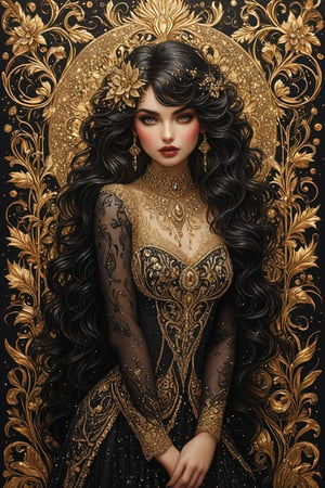 ((extremely detailed:1.9)), ((extremaly right female body proportions:1.9)). Masterpiece, HD, 16K, A captivating minimalist illustration of a 18-year-old beauty. (gothic beauty, push up busty, black and gold, beads chiffon gown, ornate motifs beads threads, pattern of beads lace, beads sparkling lace, gems, beautiful full black lips, eye drawing, tuxedo eyes, long fluffy lashes, big layered black hair, large curls on long hair), beads wreath in hair, the tights with sparkling lace, ((midjorney style face:1.9)), ((detailed flux type face:1.9)), bohemian, delicate image, hyper-detailing, aesthetic, good soft illuminated, photorealistic line ink art, (crystals, gems, gold dust bokeh), ((gaze directed at viewer, looking_at_camera)), (the only one solo main heroine:1.9), (standing maximum away with all human height:1.9), (best fashion dynamic standing pose:1.9), (standing maximum away:1.9), ((black ink line art)),  ((stand under fresk ornate motifs wall)), bright. ((black  gold background)), (gold frame of art nouveau), (art nouveau background), (sensetive, tender, goddess, artistic pose, elegant dynamic standing pose), ((away upper body)), ((photorealistic detailed face)), shiny, glitter. half turn body, looking over shoulder pose