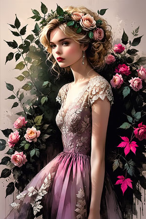 (Extremely detailed ), (every detail in perfect sharp focus), (masterpiece), (stunningly soft light evenly illuminating the entire face and body), ((extremely perfect detailed)), Masterpiece, HD, 16K, A captivating minimalist illustration of a 20-year-old blonde beauty. ((A painting in shades of mauve, lace gown and elaborate floral wreath)), (((airbrush art by Yoji Shinkawa:1.9))) Layered tulle gown with sparkling lace, ink art,line art illustration, ((the main heroine standing away in all human height between many rowan leaves)), (standing away), (by Greg Manchess and Miles Aldridge), (extremely detailed are colorful linen pastel flamenco lace dress gown), (ombre multicoloured leafs:1.9)), (pattern of ombre multicoloured leafs:1.9)), ((holding in hands huge burgundy roses bouquet:1.9)), WEARING HAUTE_COUTURE DESIGNER DRESS,oil paint 