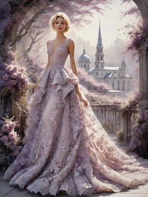 ((extremely perfect detailed)), Masterpiece, HD, 16K, A captivating minimalist illustration of a  20-year-old blonde beauty. 
(((A painting in shades of mauve, lace gown and elaborate floral wreath, fleeing church, airbrush art by Yoji Shinkawa.)))
Layered tulle gown with sparkling lace, 
Standing away 