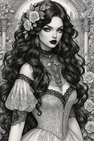 ((extremely perfect detailed art:1.9)), Masterpiece, HD, 16K, A captivating minimalist illustration of a 18-year-old beauty. perfect detailed face, (gothic beauty, chiffon ivory gown, ivory tulle, black ornate motifs threads, pattern of black lace, sparkling lace, gems, beautiful full black lips, eye drawing, tuxedo eyes, long fluffy lashes, big layered black hair, large curls on long hair), the tights with sparkling lace. ((midjorney style face:1.9)), ((detailed flux type face:1.9)), bohemian, delicate image, hyper-detailing, aesthetic, good soft illuminated, photorealistic line ink art), ((gaze directed at viewer, looking_at_camera)), (the only one solo main heroine:1.9), (standing maximum away with all human height:1.9), (best fashion dynamic standing pose:1.9), (standing maximum away:1.9), (black ink line art),  perfect symmetry, symmetrical,  ((the only one solo main heroine standing away in all human height)), (standing maximum away in marble castle open balcony:1.9), garden roses, lanky, art, (background are seamless pattern of spirals and swirls macrame crochet lace). perfect body proportions