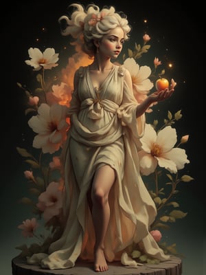 ((extremely detailed:1.9)), Masterpiece, 16K, dynamic pose. A stunning, ethereal portrait of a beautiful female with very long layered large curles hair, perfect detailed and soft illuminated are 20 years old tender female face, wearing a flowing iridescence gown that seamlessly blends into the surrounding giant soft, translucent flower petals. solo, A serene Hellenistic-inspired marble statue of a woman stands solo against a dark backdrop, bathed in soft golden lighting that casts a gentle glow on her tranquil features. (Barefoot and holding a floating gold shaped apple ), the sculpture's flowing cream-colored gown with white flowers scattered across the skirt billows softly. Closed eyes and slightly curved lips convey wistful longing as she gazes to the left, exuding sorrow and nostalgia.,sculpture style