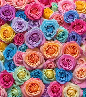 ((hyper photorealistic:1.9)), (((extremely detailed:1.9))),, ((high quality, highres)), (masterpiece), ((seamless pattern)), ((flat lay, top view, flat lay composition), (many roses), ((flat lay view on roses wall:1.9)), ((50 roses)), (((all roses same size:1.9))), ((all roses on same flat lay lane:1.9)), ((roses close to each other:1.9)), ((every roses touch other roses:1.9)), ((roses side by side:1.9)), ((rose petals touch other roses petals)), ((photorealistic perfect detailed roses petals:1.9)), ((perfect detailed roses form:1.9)), ((perfect detailed roses petals form:1.9)), ((big blossom open many petals of roses:1.9)), (((all roses have identical sizes:1.9))), (((the center of the rose looks up:1.9))), ((photorealistic detailed roses petals:1.9)), ((amazing bright colorful rainbow colors:1.9)), ((ombre rainbow colors on petals:1.9)), ((ombre effect:1.9)), (((ombre rainbow colorful))), ((photo r3al, more detail XL, Landskaper, ultra detailed)), ((colorful)), ((ombre rainbow color rose:1.9)), ((green_color_rose_petals:1.9)), ((many colors of rainbow on every rose:1.9)), ((every rose have many different rainbows colors:1.9)), ((green_blue_royal-violet colors:1.9)), ((green_royal-violet color:1.9)), ((luxury flower roses wall)), ((soft light)), ((pastel colors tone)) ((all rainbow colors on one rose:1.9)), ((detailed veining on roses:1.9)), ((soft tender lights:1.9)), ((the centre of rose look up on flat lay position:1.9)), ((soft diffused studio light:1.9)), ((luxury roses wall)), Landscape, DonMP4ste11F41ryT4l3XL, photo r3al, ((cotton_candy_rainbow_colors:1.9))