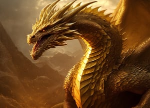 Realistic, Dragon Made of Scales, Golden, Desolate, Intricately Detailed, Lightning Art, Particles, Beautiful, Breathtaking, large majestic and imposing wings, Shocking, intimidating, Imposing, Highly Detailed, Large Sharp Fangs, Digital Art, Sharp Focus, Trending in Art Station, Movie fixed, warm tones,dfdd