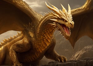 Realistic, Dragon Made of Scales, Golden, Desolate, Intricately Detailed, Lightning Art, Particles, Beautiful, Breathtaking, large majestic and imposing wings, Shocking, intimidating, Imposing, Highly Detailed, Large Sharp Fangs, Digital Art, Sharp Focus, Trending in Art Station, Movie fixed, warm tones,dfdd