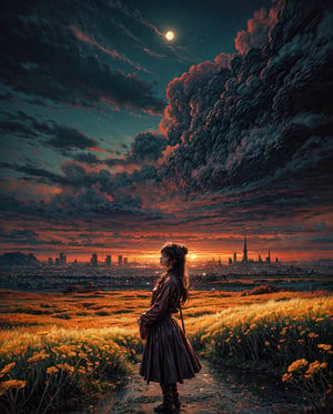 panoramic, distant view, directed by Makoto Shinkai, ghibli studio, realistic photography, realistic digital masterpiece, hyperdetailed epic composition, unreal engine 5, concept art, cinematic, volumetric atmosphere, atmospheric, epic fantasy composition, a small girl in a fantasy nature city, floralpunk buildings, cathedral, dandelion neon city, beyond the journey, tears in eyes, homecoming, victorian, old fashioned, dim light, moonlit, vibrant details, cinematic landscape,xuer dreamy landscapes