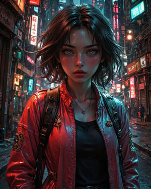 In a dystopian cyberpunk metropolis, Dora the Explorer transforms into a breathtaking digital painting. Neon hues and high-contrast lighting envelop her portrait, exuding fashion sense and tenacity. Amidst towering skyscrapers and holographic advertisements, her striking visage dominates the composition, eyes gleaming like LED lights in a dark alleyway. A defiant pose, as if ready to conquer the virtual realm with nothing but a backpack full of digital gadgets, belted around her waist. Warm colors and volumetric lighting accentuate her features against a backdrop of black smoke, evoking a pulp sci-fi masterpiece reminiscent of Frank Frazetta's works.