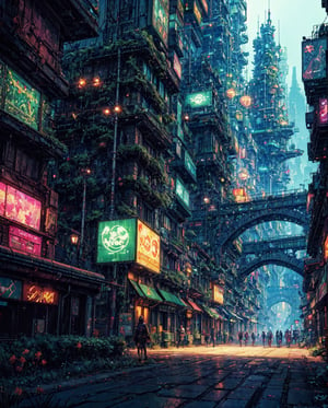 A harmoniously bustling Solardust City, brimming with lush greenery and intricate solar-powered technology, cyberpunk, cybertronic, neon-lit streets, neon punk, epic composition, fantasy scenery, fantasy artwork, epic cinematic composition, epic fantasy digital masterpiece, masterpiece,midjourney,Anime 