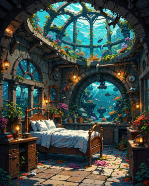 In a whimsical underwater abode, reminiscent of Studio Ghibli's mystical realms, a sturdy bunk bed fashioned from copper pipes and brass accents rests against a curved wooden wall. Vibrant coral and sea anemones adorn the room, while a majestic aquarium teems with aquatic life beneath a large window, its glass panes etched with swirling seaweed patterns. Amidst this cozy chaos, a collection of leather-bound books and peculiar steampunk contraptions gather dust, as if abandoned by their inventor, in the midst of an oceanic odyssey.