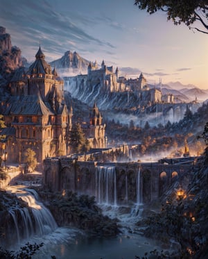 ((breathtaking fantasy world, monastery, closeup view)), (masterpiece:1.2, best quality:1.2), (ultra detailed), (realistic), beautiful, high quality, highres:1.1, aesthetic), ((incredible grandiose medieval city, ultra-detailed, illustration, close view, epic cinematic environment, hyperdetaileda, absurdres, fantasy realm, detailed buildings, chapel, castle, palace, river, mountains, waterfall, windmills)), castle view, There is overgrown land, dream hyperdetailed city, bloom, depth of field, cluttered, lens flare, ray tracing, photo quality, high contrast scene, insane details ,insane details 