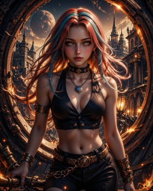 A majestic Steampunk lady stands proudly, her vibrant multicolored dreadlocks cascading down her back like a rainbow-hued waterfall. Her steampunk attire gleams with intricate gears and copper accents, as she grasps a sleek, metallic weapon in one hand. In the background, a cityscape of Gothic spires and clockwork machinery rises majestically, bathed in the warm glow of gas lamps. The subject's piercing gaze is framed by a halo of golden light, set against a rich, velvety blackness that seems to vibrate with an otherworldly energy.