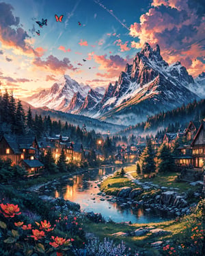 (panoramic view, distant view, landscape, masterpiece, best quality, wonderland, vibrant wilderness), butterflies, flower field, dusk, golden hour, lonely bench, mountain summer view, green lush forest, woods, a faraway river down the mountain, small settlement 