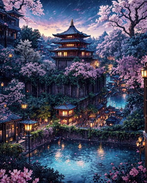 ((panoramic view, distant view, landscape, masterpiece, best quality, highres)), (((epic))), ((epic composition, fantasy artwork, cinematic composition, night viee, victorian balcony, fountain Pavillion)), smile, standing, cowboy shot, cinematic, epic composition, fantasy artwork, fantasy composition, epic cinematic composition, night,The inner city district is a maze labyrinth of narrow alleyways and blossom winding streets, tea houses, Tibetan Grand Palace on top of a mountain, monk monastery, a sprawling complex of marble courtyards and elegant pavilions. Its central hall is adorned with towering pillars and gilded statues, while its gardens are a tranquil oasis of cherry blossom trees,anime