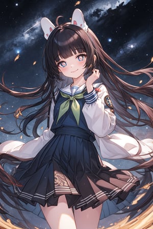 solo, 1girl , look at viewer, cinematic, potrait shot, ultra high quality, masterpiece, ultra detailed eyes, forest, ultra detailed starry sky  night, high quality colorful galaxy on night sky, ultra quality background, detailed pupils eyes, closed smile, fotographer pose, standing,masterpiece,1girl,miyu, school_uniforms