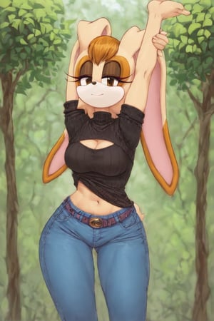 score_9, score_8_up, score_7_up, score_6_up, score_5_up, score_4_up, (Source sonic), (rating safe), vanilla the rabbit, 1girl, solo, outside, wearing blue jeans,  black sweater, shirt cutout, large breasts, brown eyes, looking at viewer, standing, outside, trees, fall weather,  , wide hips, rabbit girl, short hair, body fur, dynamic pose, anime style,flashing belly,cammystretch, stretching,leaning forward,arms up,skirt,belt