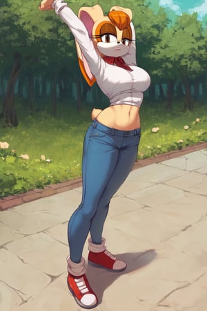 score_9, score_8_up, score_7_up, score_6_up, score_5_up, score_4_up, (Source sonic), (rating safe), vanilla the rabbit, 1girl, solo, outside, wearing blue jeans, white shirt, jacket, large breasts, brown eyes, looking at viewer, standing, outside, trees, fall weather,  , wide hips, rabbit girl, short hair, body fur, hands on hips, anime style,stomach_punch,arms up,cammystretch, stretching,flashing belly,sch00lg1rl, thighhighs