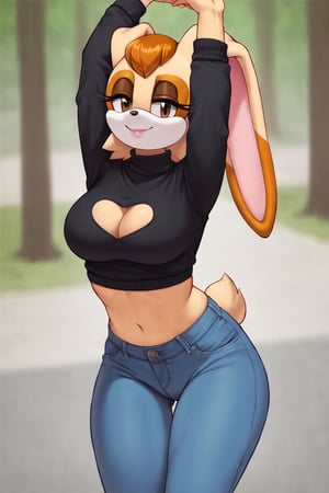 score_9, score_8_up, score_7_up, score_6_up, score_5_up, score_4_up, (Source sonic), (rating safe), vanilla the rabbit, 1girl, solo, outside, wearing blue jeans,  black sweater, shirt cutout, large breasts, brown eyes, looking at viewer, standing, outside, trees, fall weather,  , wide hips, rabbit girl, short hair, body fur, dynamic pose, anime style,flashing belly,cammystretch, stretching,leaning forward,arms up,stomach_punch, short jacket