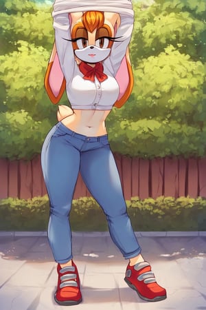 score_9, score_8_up, score_7_up, score_6_up, score_5_up, score_4_up, (Source sonic), (rating safe), vanilla the rabbit, 1girl, solo, outside, wearing blue jeans, white shirt, jacket, large breasts, brown eyes, looking at viewer, standing, outside, trees, fall weather,  , wide hips, rabbit girl, short hair, body fur, hands on hips, anime style,stomach_punch,arms up,cammystretch, stretching,flashing belly,sch00lg1rl, thighhighs