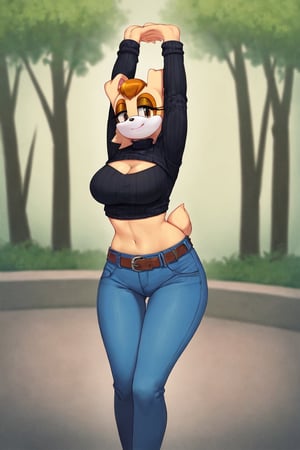 score_9, score_8_up, score_7_up, score_6_up, score_5_up, score_4_up, (Source sonic), (rating safe), vanilla the rabbit, 1girl, solo, outside, wearing blue jeans,  black sweater, shirt cutout, large breasts, brown eyes, looking at viewer, standing, outside, trees, fall weather,  , wide hips, rabbit girl, short hair, body fur, dynamic pose, anime style,flashing belly,cammystretch, stretching,leaning forward,arms up,stomach_punch,Soviet Military uniform,skirt,belt