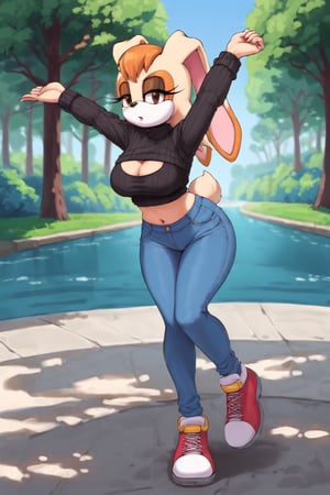 score_9, score_8_up, score_7_up, score_6_up, score_5_up, score_4_up, (Source sonic), (rating safe), vanilla the rabbit, 1girl, solo, outside, wearing blue jeans, black sweater, shirt cutout, large breasts, brown eyes, looking at viewer, standing, outside, trees, fall weather,  , wide hips, rabbit girl, short hair, body fur, dynamic pose, anime style,flashing belly,stomach_punch,cammystretch, stretching,leaning forward,arms up, RakkunVTSDXL