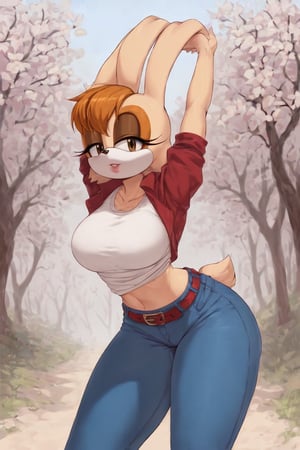 score_9, score_8_up, score_7_up, score_6_up, score_5_up, score_4_up, (Source sonic), (rating safe), vanilla the rabbit, 1girl, solo, outside, wearing blue jeans, white shirt, jacket, large breasts, brown eyes, looking at viewer, standing, outside, trees, fall weather,  , wide hips, rabbit girl, short hair, body fur, hands on hips, anime style,cammystretch, stretching,leaning forward,arms up,flashing belly,stomach_punch,belt,skirt