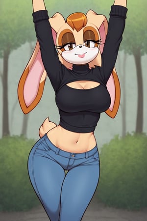 score_9, score_8_up, score_7_up, score_6_up, score_5_up, score_4_up, (Source sonic), (rating safe), vanilla the rabbit, 1girl, solo, outside, wearing blue jeans,  black sweater, shirt cutout, large breasts, brown eyes, looking at viewer, standing, outside, trees, fall weather,  , wide hips, rabbit girl, short hair, body fur, dynamic pose, anime style,flashing belly,cammystretch, stretching,leaning forward,arms up,stomach_punch, short jacket