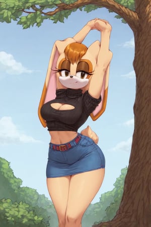 score_9, score_8_up, score_7_up, score_6_up, score_5_up, score_4_up, (Source sonic), (rating safe), vanilla the rabbit, 1girl, solo, outside, wearing blue jeans,  black sweater, shirt cutout, large breasts, brown eyes, looking at viewer, standing, outside, trees, fall weather,  , wide hips, rabbit girl, short hair, body fur, dynamic pose, anime style,flashing belly,cammystretch, stretching,leaning forward,arms up,skirt,belt