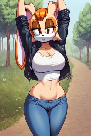 score_9, score_8_up, score_7_up, score_6_up, score_5_up, score_4_up, (Source sonic), (rating safe), vanilla the rabbit, 1girl, solo, outside, wearing blue jeans, white shirt, jacket, large breasts, brown eyes, looking at viewer, standing, outside, trees, fall weather,  , wide hips, rabbit girl, short hair, body fur, hands on hips, anime style,stomach_punch,arms up,cammystretch, stretching,flashing belly,sch00lg1rl, thighhighs