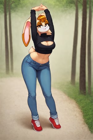 score_9, score_8_up, score_7_up, score_6_up, score_5_up, score_4_up, (Source sonic), (rating safe), vanilla the rabbit, 1girl, solo, outside, wearing blue jeans,  black sweater, shirt cutout, large breasts, brown eyes, looking at viewer, standing, outside, trees, fall weather,  , wide hips, rabbit girl, short hair, body fur, dynamic pose, anime style,flashing belly,cammystretch, stretching,leaning forward,arms up,stomach_punch, short jacket