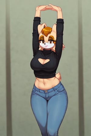 score_9, score_8_up, score_7_up, score_6_up, score_5_up, score_4_up, (Source sonic), (rating safe), vanilla the rabbit, 1girl, solo, outside, wearing blue jeans,  black sweater, shirt cutout, large breasts, brown eyes, looking at viewer, standing, outside, trees, fall weather,  , wide hips, rabbit girl, short hair, body fur, dynamic pose, anime style,flashing belly,cammystretch, stretching,leaning forward,arms up,stomach_punch, short jacket