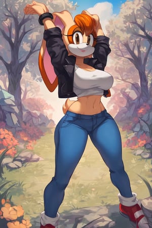 score_9, score_8_up, score_7_up, score_6_up, score_5_up, score_4_up, (Source sonic), (rating safe), vanilla the rabbit, 1girl, solo, outside, wearing blue jeans, white shirt, jacket, large breasts, brown eyes, looking at viewer, standing, outside, trees, fall weather,  , wide hips, rabbit girl, short hair, body fur, hands on hips, anime style,stomach_punch,arms up,cammystretch, stretching,flashing belly,sch00lg1rl, thighhighs