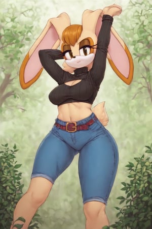 score_9, score_8_up, score_7_up, score_6_up, score_5_up, score_4_up, (Source sonic), (rating safe), vanilla the rabbit, 1girl, solo, outside, wearing blue jeans,  black sweater, shirt cutout, large breasts, brown eyes, looking at viewer, standing, outside, trees, fall weather,  , wide hips, rabbit girl, short hair, body fur, dynamic pose, anime style,flashing belly,cammystretch, stretching,leaning forward,arms up,skirt,belt