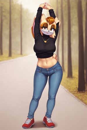 score_9, score_8_up, score_7_up, score_6_up, score_5_up, score_4_up, (Source sonic), (rating safe), vanilla the rabbit, 1girl, solo, outside, wearing blue jeans,  black sweater, shirt cutout, large breasts, brown eyes, looking at viewer, standing, outside, trees, fall weather,  , wide hips, rabbit girl, short hair, body fur, dynamic pose, anime style,flashing belly,cammystretch, stretching,leaning forward,arms up,stomach_punch, short jacket