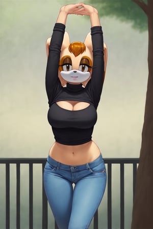 score_9, score_8_up, score_7_up, score_6_up, score_5_up, score_4_up, (Source sonic), (rating safe), vanilla the rabbit, 1girl, solo, outside, wearing blue jeans,  black sweater, shirt cutout, large breasts, brown eyes, looking at viewer, standing, outside, trees, fall weather,  , wide hips, rabbit girl, short hair, body fur, dynamic pose, anime style,flashing belly,cammystretch, stretching,leaning forward,arms up,stomach_punch, short jacket