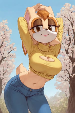 score_9, score_8_up, score_7_up, score_6_up, score_5_up, score_4_up, (Source sonic), (rating safe), vanilla the rabbit, 1girl, solo, outside, wearing blue jeans, yellow sweater, shirt cutout, large breasts, brown eyes, looking at viewer, standing, outside, trees, fall weather,  , wide hips, rabbit girl, short hair, body fur, dynamic pose, anime style,flashing belly,stomach_punch,cammystretch, stretching,leaning forward,arms up