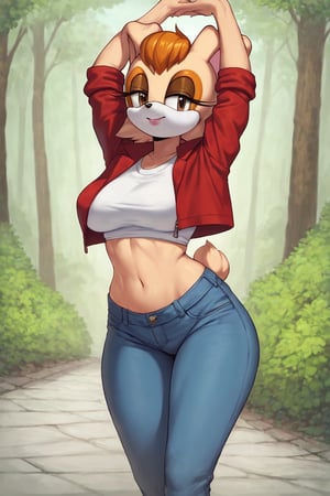 score_9, score_8_up, score_7_up, score_6_up, score_5_up, score_4_up, (Source sonic), (rating safe), vanilla the rabbit, 1girl, solo, outside, wearing blue jeans, white shirt, jacket, large breasts, brown eyes, looking at viewer, standing, outside, trees, fall weather,  , wide hips, rabbit girl, short hair, body fur, hands on hips, anime style,stomach_punch,arms up,cammystretch, stretching,flashing belly