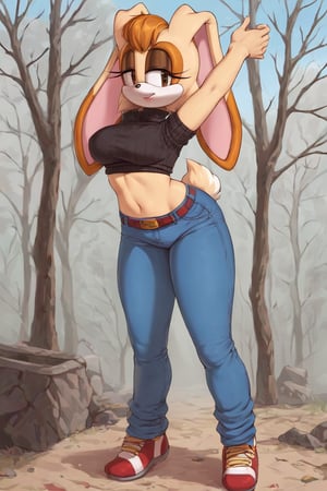 score_9, score_8_up, score_7_up, score_6_up, score_5_up, score_4_up, (Source sonic), (rating safe), vanilla the rabbit, 1girl, solo, outside, wearing blue jeans,  black sweater, shirt cutout, large breasts, brown eyes, looking at viewer, standing, outside, trees, fall weather,  , wide hips, rabbit girl, short hair, body fur, dynamic pose, anime style,flashing belly,cammystretch, stretching,leaning forward,arms up,skirt,belt