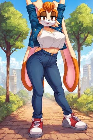 score_9, score_8_up, score_7_up, score_6_up, score_5_up, score_4_up, (Source sonic), (rating safe), vanilla the rabbit, 1girl, solo, outside, wearing blue jeans, white shirt, jacket, large breasts, brown eyes, looking at viewer, standing, outside, trees, fall weather,  , wide hips, rabbit girl, short hair, body fur, hands on hips, anime style,stomach_punch,arms up,cammystretch, stretching,flashing belly,sch00lg1rl, thighhighs