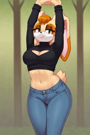 score_9, score_8_up, score_7_up, score_6_up, score_5_up, score_4_up, (Source sonic), (rating safe), vanilla the rabbit, 1girl, solo, outside, wearing blue jeans,  black sweater, shirt cutout, large breasts, brown eyes, looking at viewer, standing, outside, trees, fall weather,  , wide hips, rabbit girl, short hair, body fur, dynamic pose, anime style,flashing belly,cammystretch, stretching,leaning forward,arms up,stomach_punch, short jacket